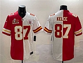 Men's Kansas City Chiefs #87 Travis Kelce Red & White Split 2025 Super Bowl LIX Patch Vapor Limited Stitched Jersey,baseball caps,new era cap wholesale,wholesale hats